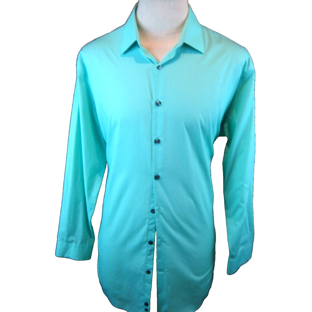 Mens J Ferrar Aqua Green Cotton Blend Slim Fit LS Casual Shirt  sz 17x32/33